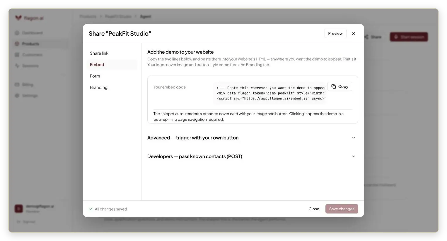 Flagon share panel with a two-line embed code for adding the demo to a website