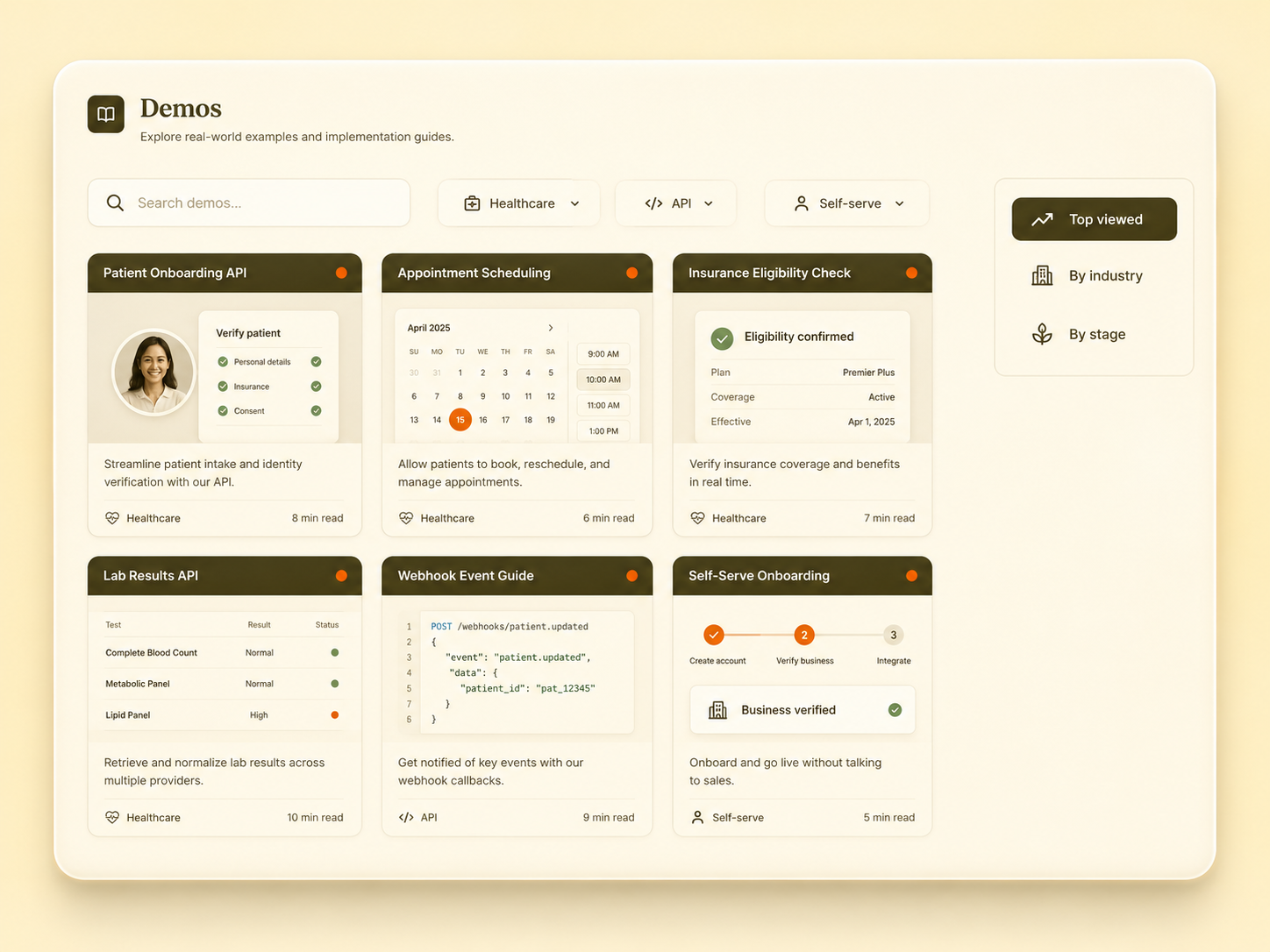 Demos library dashboard with searchable demo cards organized by industry and stage